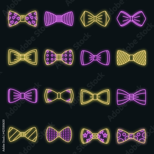 Bowtie icon set. Outline set of bowtie vector icons neon color on black