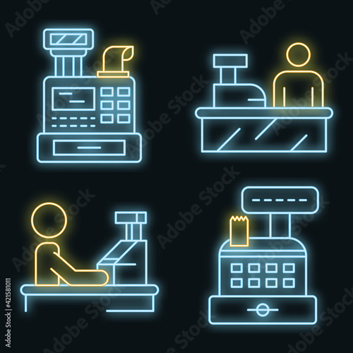Cashier icon set. Outline set of cashier vector icons neon color on black