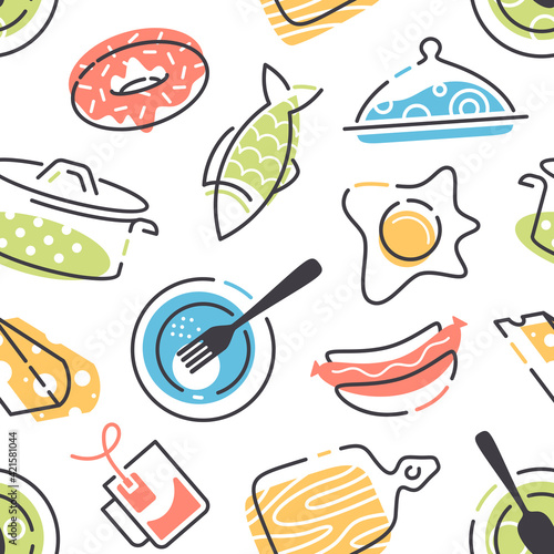 Seamless pattern, vector background with gastronomy icons, vector cuisine and fast food.