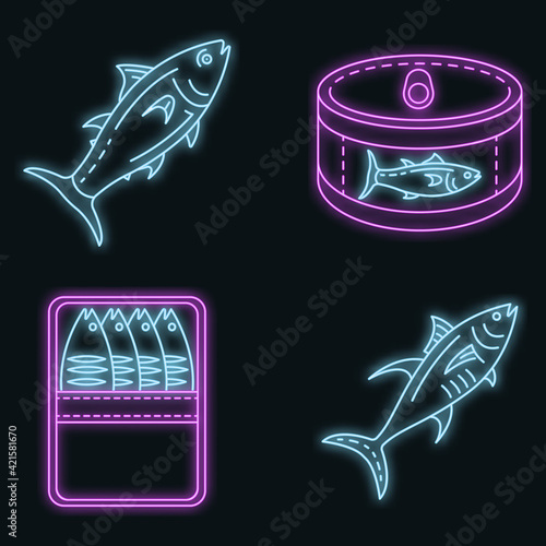 Tuna icon set. Outline set of tuna vector icons neon color on black