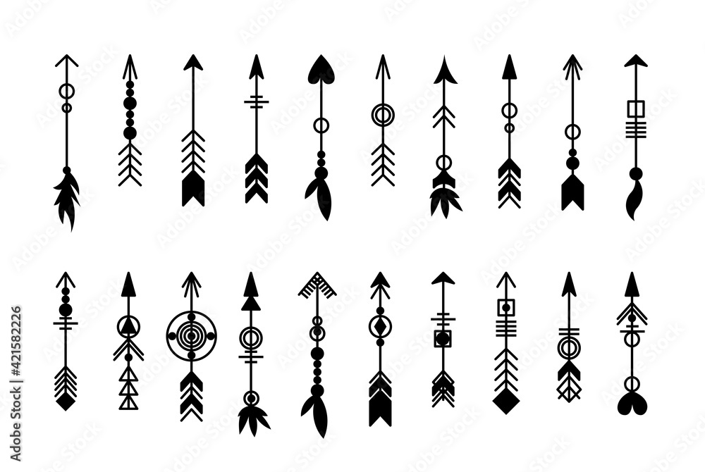 Tribal arrow set. Ethnic vector design collection. Boho elements for tattoo, stickers, t-shirt, bag, clothes. Stock Vector
