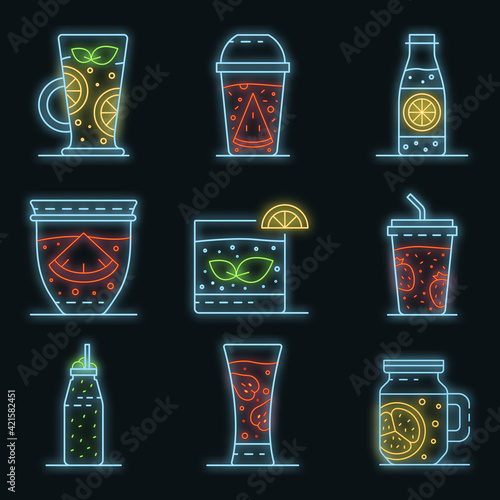 Smoothie icon set. Outline set of smoothie vector icons neon color on black