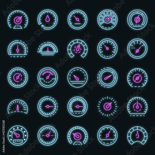 Speedometer icon set. Outline set of speedometer vector icons neon color on black