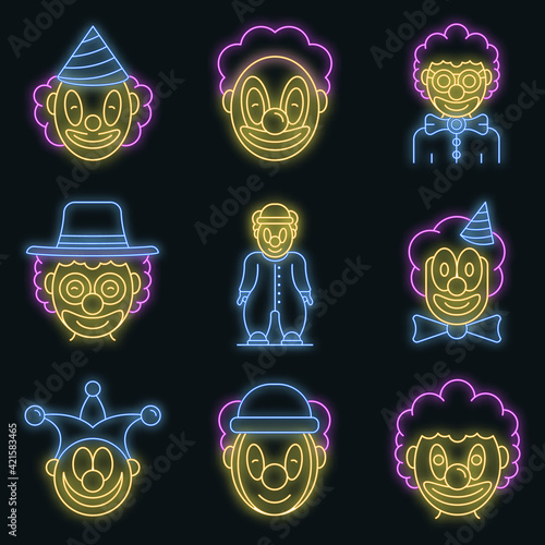 Clown icons set. Outline set of clown vector icons neon color on black