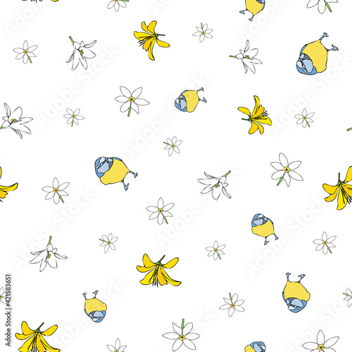 Vector white background yellow white floral birds seamless pattern. Lilies, birds. Seamless pattern background © RoseOu