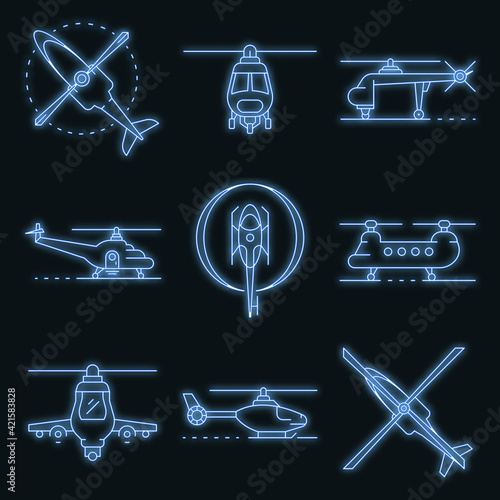 Helicopter icons set. Outline set of helicopter vector icons neon color on black