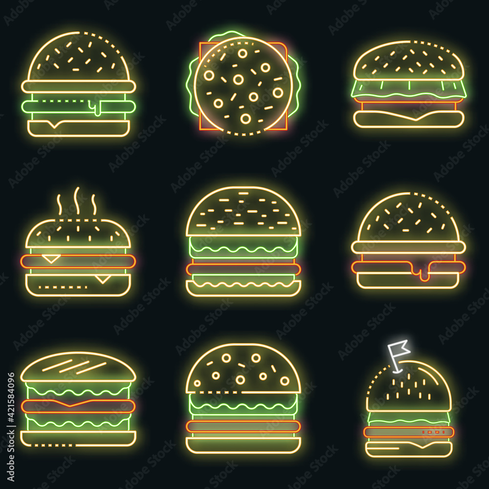 Burger icons set. Outline set of burger vector icons neon color on black Burger icons set. Outline set of burger vector icons neon color on black