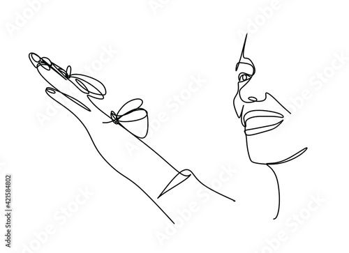 a line drawing of a woman admiring a butterfly on her fingers, close-up on a white isolated background. Vector illustration of spa services.Beauty salon. Minimalism. Print for T-shirts, for coloring. 