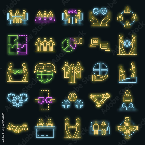 Cohesion icon set. Outline set of cohesion vector icons neon color on black
