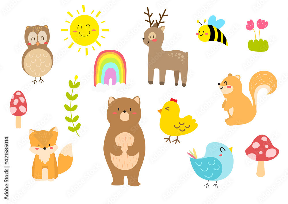 Cute spring animals and spring element collection .