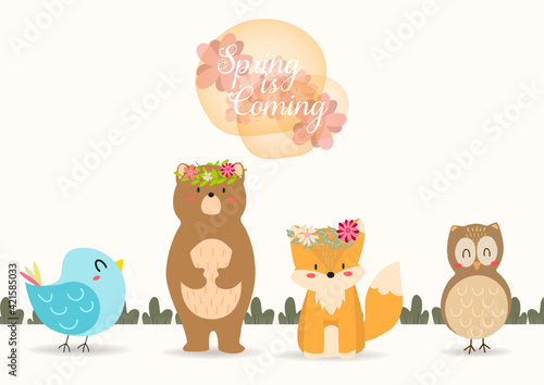 Spring is coming poster,Cute bear fox owl and blur bird with flower wealth.