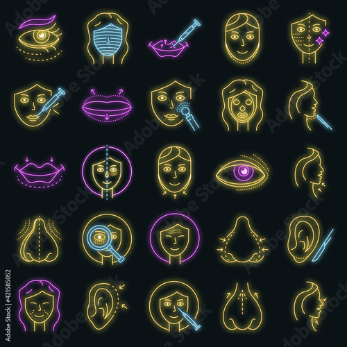 Lifting facial icons set. Outline set of lifting facial vector icons neon color on black