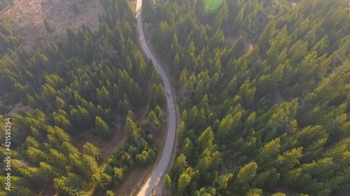 Aerial view flying over old patched two lane forest road with car moving green trees of dense woods growing both sides. Car driving along the forest road.  Car driving through pine forest. Top view 
