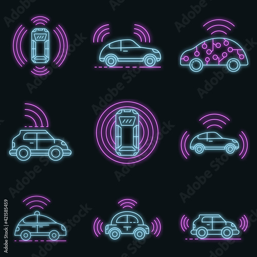 Driverless car icons set. Outline set of driverless car vector icons neon color on black