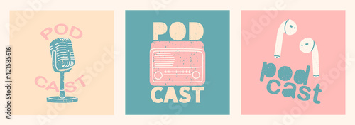Podcast cover set. Wireless headphones, studio mic and vintage radio, and lettering podcast. Hand painted in the style of drawing colored pencils. Bright illustrations for your podcast blog. EPS 10