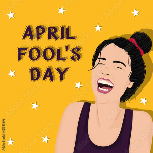 April fool day poster. Happy woman pop art style - Vector