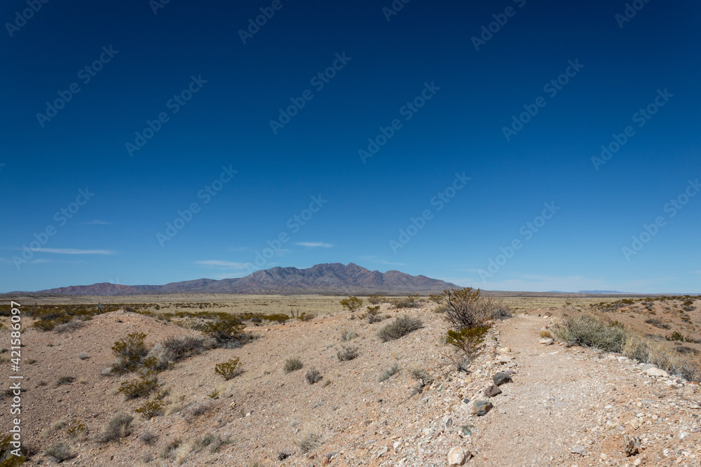 Deserted path in the New Mexico desert with an expansive view of mountain ridges under deep blue sky, Sevilleta, horizontal aspect