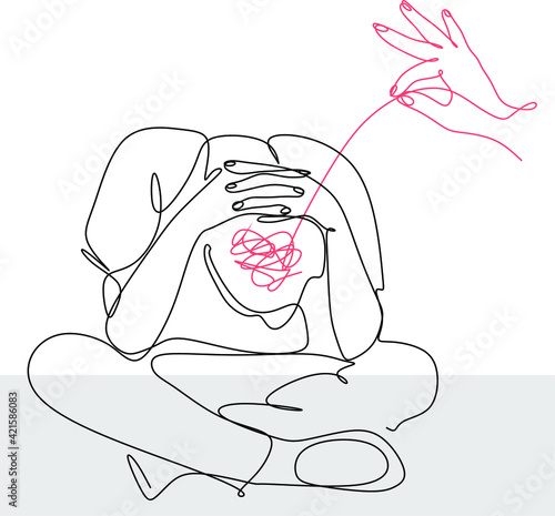The concept of psychology. A woman's helping hand unravels the tangle of thoughts of a man with a mental disorder, seeking to get rid of emotional problems