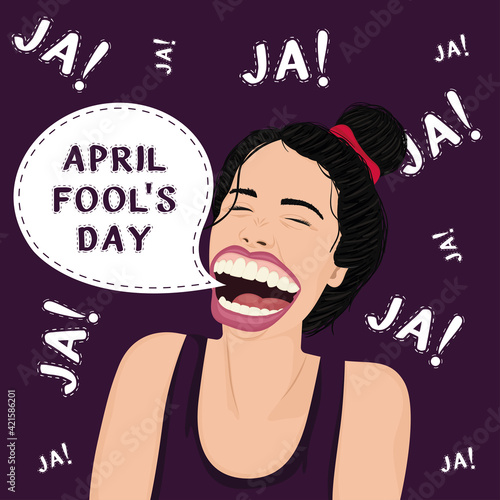 April fool day poster. Woman laughing loud pop art style - Vector