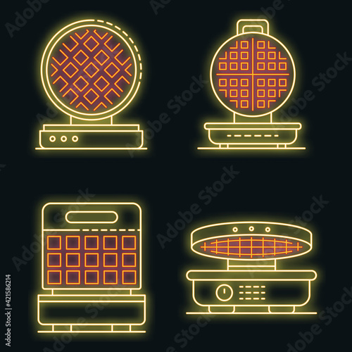 Waffle-iron icons set. Outline set of waffle-iron vector icons neon color on black