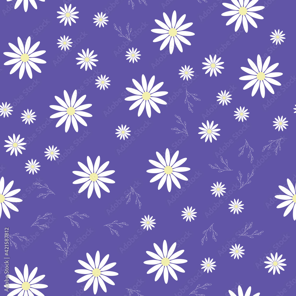 Seamless floral pattern. White chamomile or daisies on a blue background. Endless patterns for textiles and fabrics, wrapping paper, packaging. Vector image. Flat style Seamless floral pattern. White chamomile or daisies on a blue background. Endless patterns for textiles and fabrics, wrapping paper, packaging. Vector image. Flat style