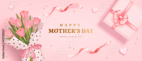 Mother's day poster or banner with sweet hearts, bouquet of tulips and pink gift box on pink background