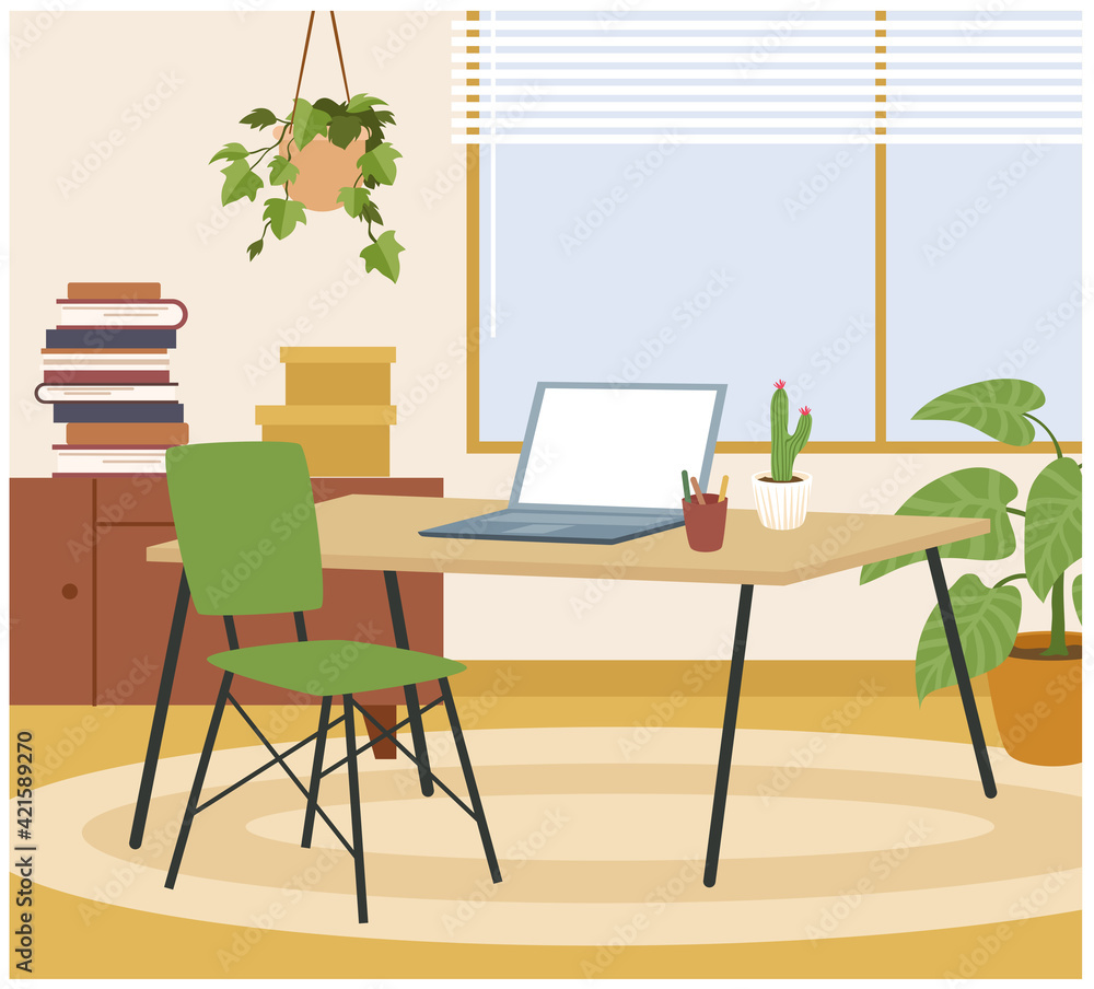 Fototapeta premium Living room home interior, hygge workspace with table, chair, laptop for freelance work
