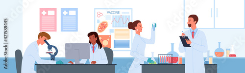 People work in vaccine development science laboratory vector illustration. Cartoon man woman scientist characters develop vaccine for coronavirus, holding lab analysis in test tube flat background.