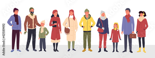 Cartoon group of cute man woman kid characters in trendy outerwear standing in row, wearing warm coat and boots, scarf and hat isolated on white. People wear casual winter clothes vector illustration.