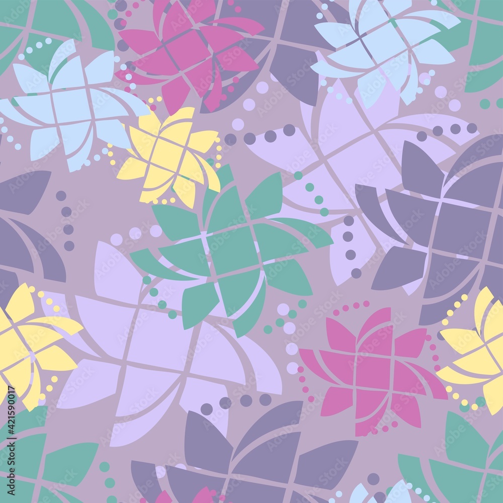 Lively Scattered 80s Style Abstract Shape repeat Pattern In Lilacs, Green And Yellow