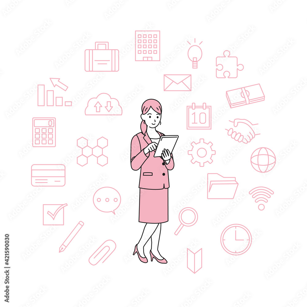 タブレットを使う　ビジネスウーマン　女性　会社員　ビジネス　アイコン　セット　イラスト素材