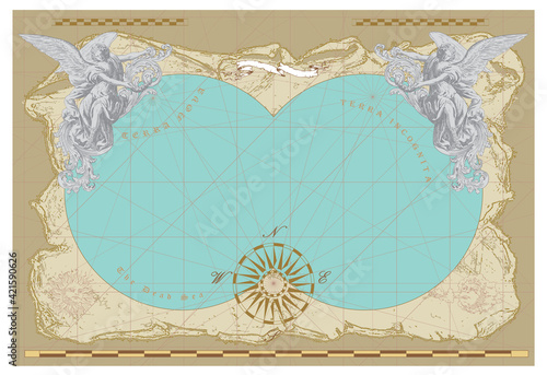 vector image of ancient nautical chart of sea routes of medieval ships
