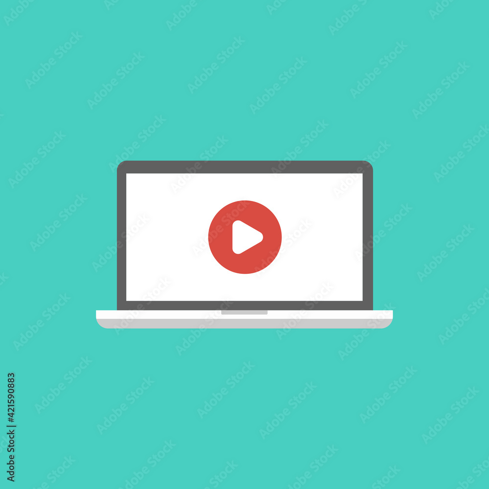 laptop with play button on screen. Watch tutorials sign isolated on blue. Flat vector simple icon. video button. online player symbol. Computer. laptop with play button on screen. Watch tutorials sign isolated on blue. Flat vector simple icon. video button. online player symbol. Computer.
