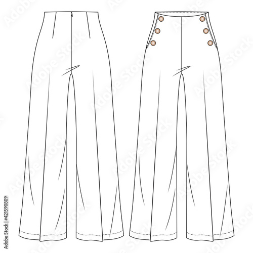 Women High Waist Sailor Pant Vector Fashion Flat Sketches. Fashion Technical Illustration Template. Flare Wide legs. Button detail