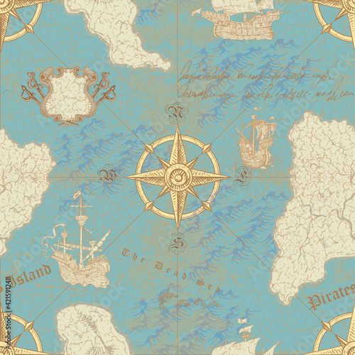 vector image of ancient nautical chart of sea routes of medieval ships