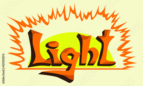 vector image of the word light on the background of the rising sun in warm yellow tones