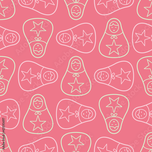 Simple star babushka vector pattern background. Minimalist nesting doll illustration background.