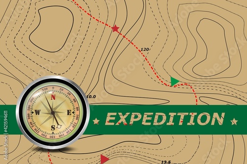 Travel. Expedition and azimuth compass and map. The background of the route on the contour map. Tourism and travel symbol.