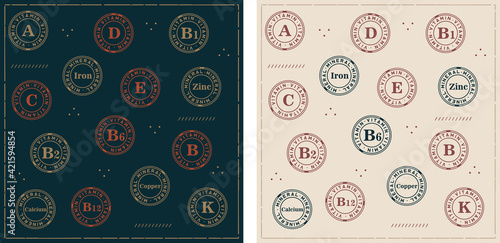 Vitamins in vintage style set of sign stamp badge