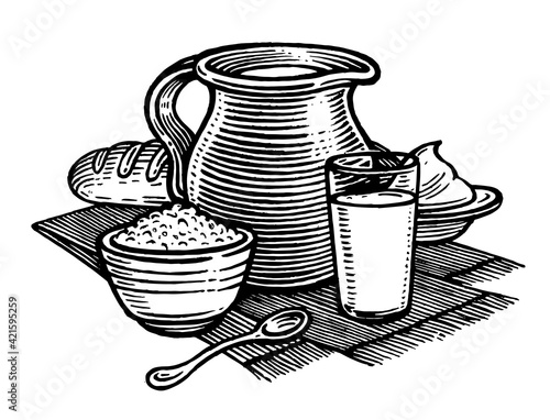 Milk and dairy products, vector illustration. Vintage graphics and handwork. The ra jug of milk, a glass of milk, a plate of cottage cheese, sour cream, a loaf of bread. A collection of farm products.