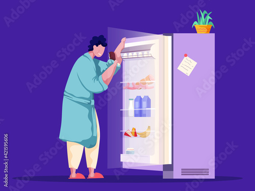 Man standing and eating in front of opened fridge at night. Stress, bad unhealthy habits, disorder. Late snack, cheat meal. Cartoon vector illustration. Dark background. Flat style.