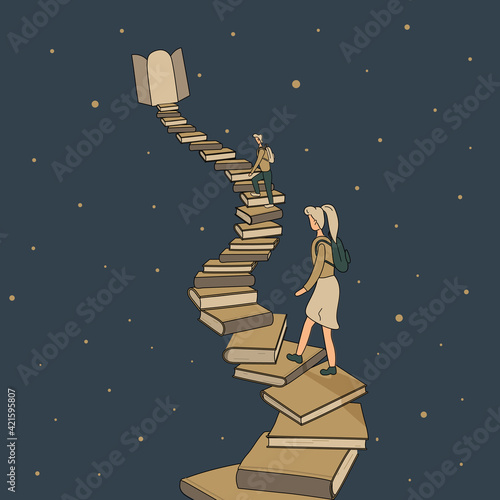 Concept:book or reading is source of knowledge.Tiny boy and girl climb up on books in form of ladder leading up to open door with light coming from it.On background of starry sky.Hand drawn vector