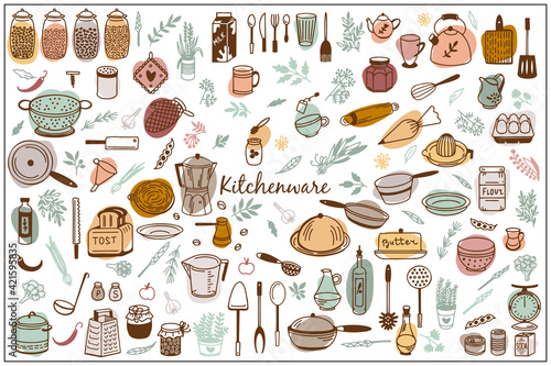 Kitchenware Vector set. Tool and ware collection. Hand drawn, doodle cooking icons. Cookware elements. Template, banner for design, menu, restaurant, cafe, bakery, wallpaper, recipe card, cookbook. 
