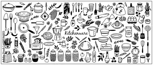 Kitchenware Vector set. Tool and ware collection. Hand drawn  doodle cooking icons. Cookware elements. Template  banner for design  menu  restaurant  cafe  bakery  wallpaper  recipe card  cookbook. 