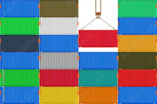 Stack metal shipping cargo containers. Delivery of cargo shipping. Crane with a color container in harbor.Goods container for logistics and transportation. Industrial texture.Stock vector illustration