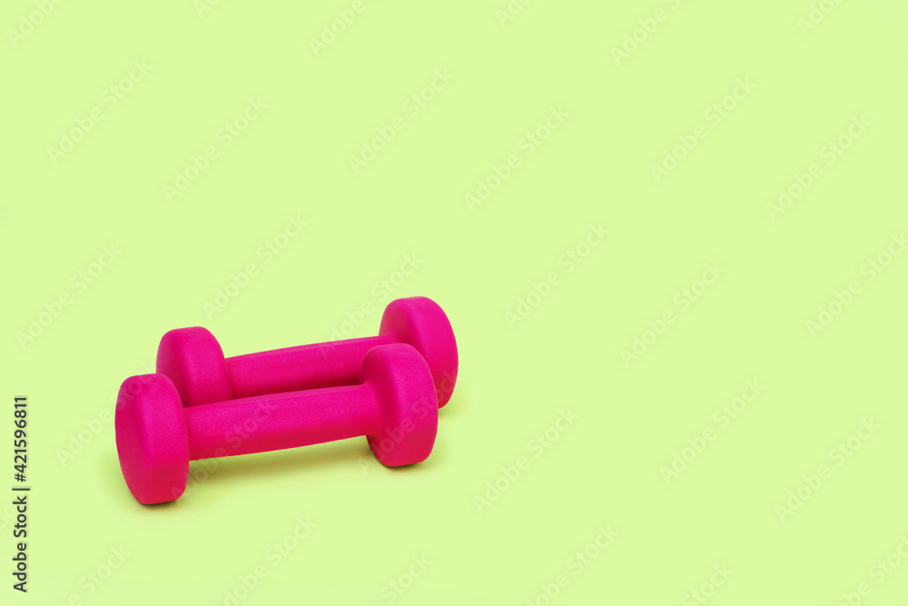 Two dark pink dumbbells isolated on light green background. Healthy lifestyle. Sport equipment. Fitness concept. Copy space for design Two dark pink dumbbells isolated on light green background. Healthy lifestyle. Sport equipment. Fitness concept. Copy space for design