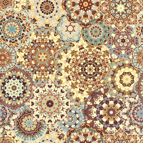 Seamless bright pattern with colorful mandalas in oriental style.