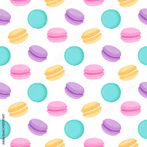 Seamless pattern with multicolored macaroons. Macaroon - French confection of egg whites, icing sugar, ground almonds and food coloring. Beautiful design for decor, wrapping paper etc.