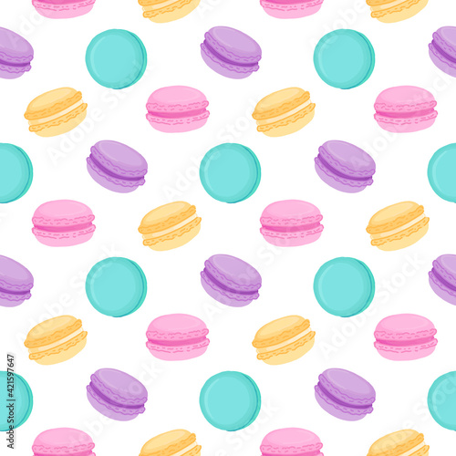 Seamless pattern with multicolored macaroons. Macaroon - French confection of egg whites, icing sugar, ground almonds and food coloring.  Beautiful design for decor, wrapping paper etc.