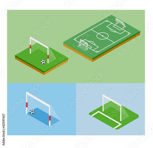 Vector isometric illustration of football, soccer green field with two gates and ball. Sport illustration stadium game. Set with 3 gates for education. 